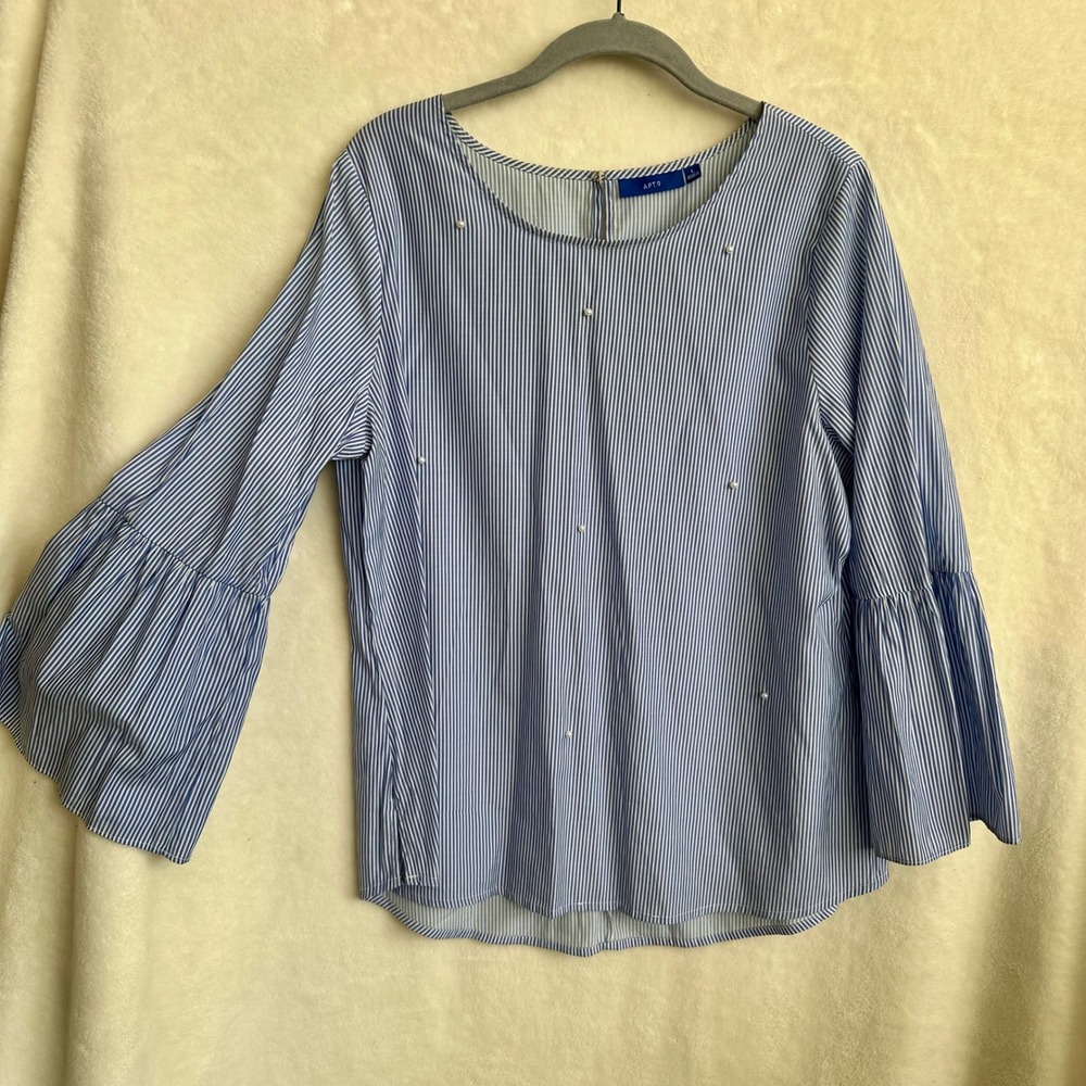 Apt. 9 Blue White Striped‎ Trumpet Sleeve Blouse Pearl Beads Scoopneck Large